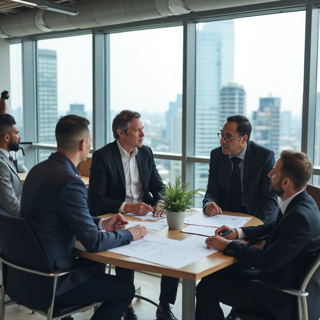 Strategic planning professionals collaborating in a modern office environment